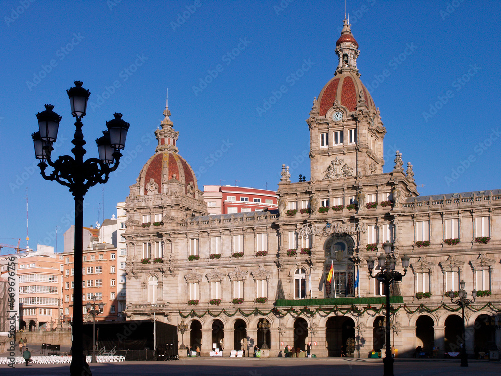 Maria Pita square and Municipal Palace, A Coruna, Galicia, Spain