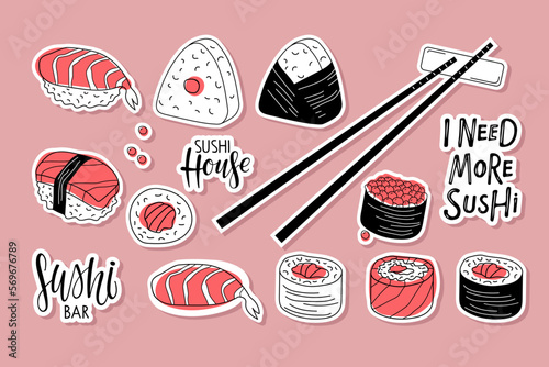 Sushi sticker pack. Handwritten inscription and different sushi types sketch doodle vector. Sign for Card, Label, Poster, bar logo, menu design, label element. Japanese food symbol. Vector stickers.