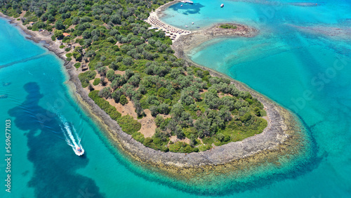 Aerial drone photo of Mediterranean paradise destination island complex with sandy organised beaches and turquoise clear sea