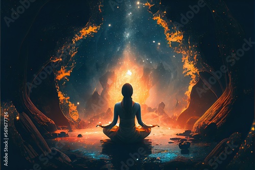 Meditating woman doing yoga in the lotus position. Stars space in the background. Generative AI