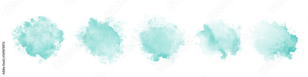 Set of abstract mint green watercolor water splash on a white background. Vector watercolour texture in mint color. Ink paint brush stain. Green splatter spot. Watercolor pastel splash