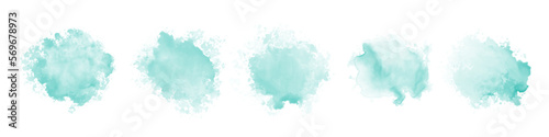 Set of abstract mint green watercolor water splash on a white background. Vector watercolour texture in mint color. Ink paint brush stain. Green splatter spot. Watercolor pastel splash