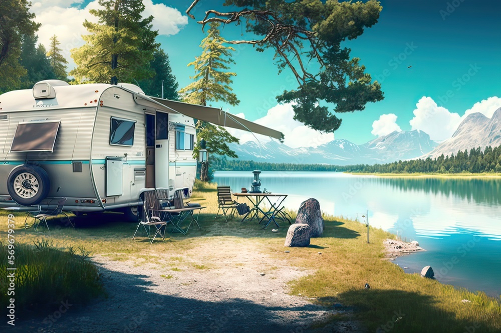 Experience the Beauty of Summer Camping : Lakeside Holidays Await!. Photo AI - obrazy, fototapety, plakaty 