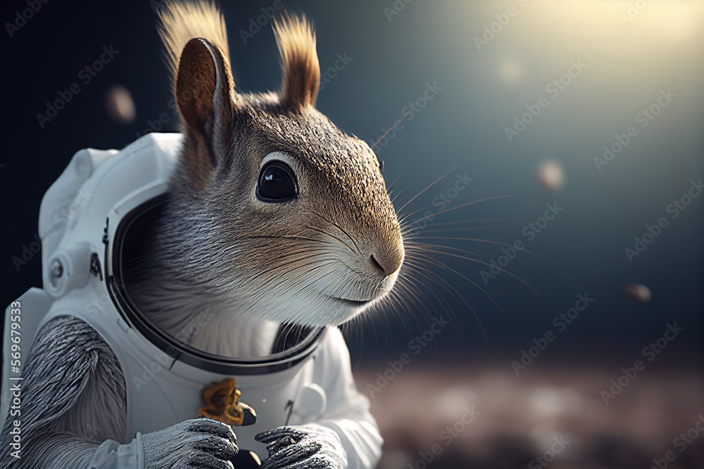 Squirrel in spacesuit astronaut in space. Generative AI Stock