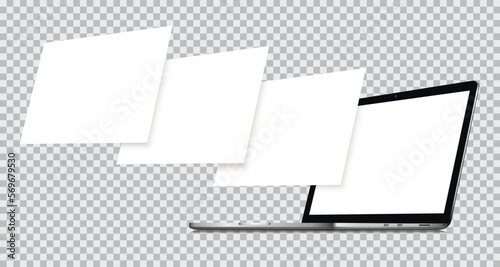 Laptop mockup with blank wireframing pages. Isolated on transparent background. Concept for showcasing web design projects.