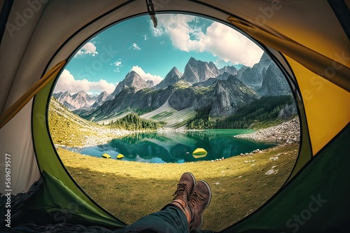 Gazing Out at the Majestic Austrian Countryside from a Cozy Tent Camping Trip. Photo AI