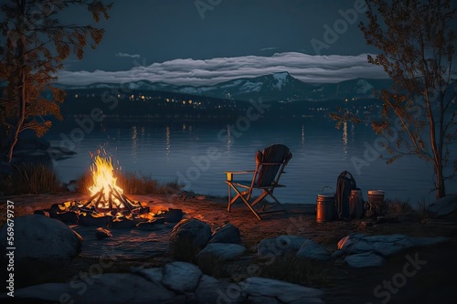 Relaxing Evening by the Campfire: Enjoying the Sunset from a Comfortable Camping Chair. Photo AI
