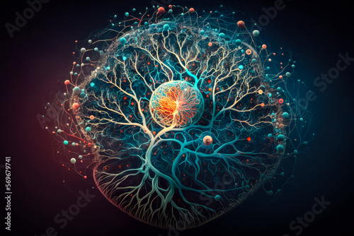 An colorful abstract representation of interconnected elements  like a neural network  dark red and blue background  AI generated illustration