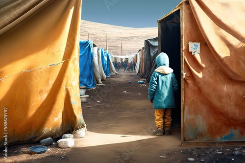 Refugee Camp. Hopelessness and Sadness Amidst Poverty and Crisis.. Photo AI photo
