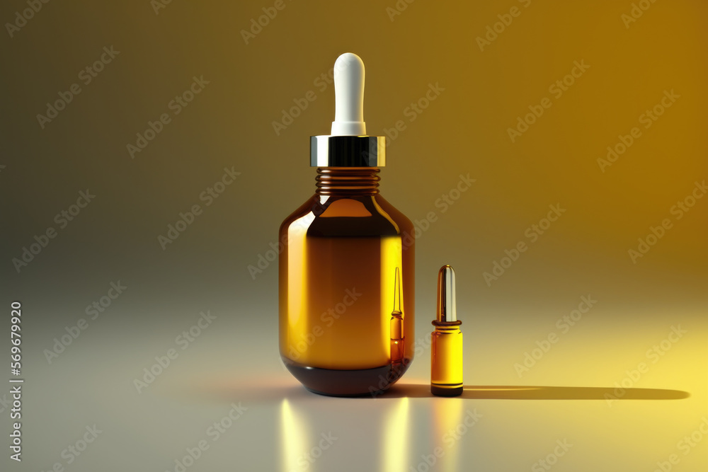Amber pump bottle with serum tonic or essential oil. generative ai