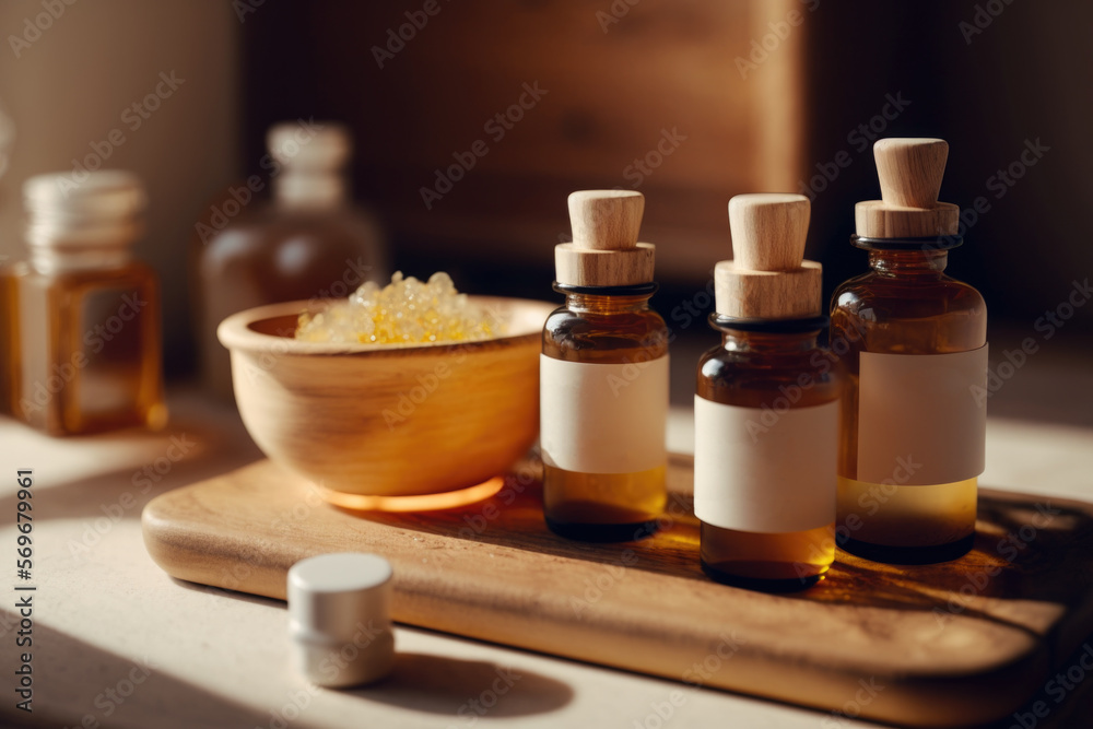 Amber pump bottle with serum tonic or essential oil. generative ai