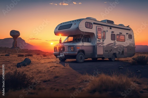 Camping in a Motor Home and Enjoying the Sunset during Springtime. Photo AI