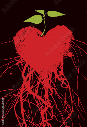 Vector banner with sign red heart, blood vessels and veins or tree rootsand sprout with leaves. Abstract hand-drawn illustration on the theme of love, art. Suitable for poster, tattoo, T-shirt design
