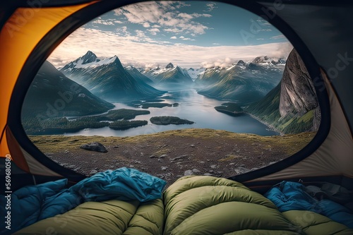 Camping, enjoying the Views from Inside a Tent. Photo AI