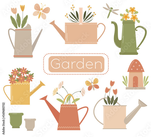 vector spring garden set with cute color funnel and flowers