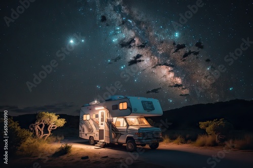 RV Road Trip: Camping Under the Milky Way in a Campground. Photo AI