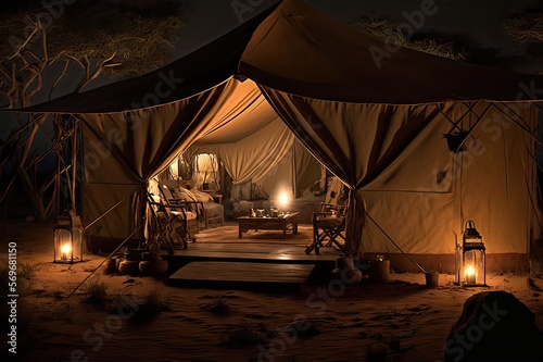 Luxury Tented Safari Camping: Experience the Magic of Nature Lit by Torches at Night. Photo AI