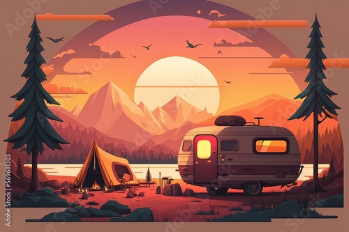 Sunset Camping in the Mountains  Summer   Spring Landscape Illustrations for Travel Mobile Home. Photo AI
