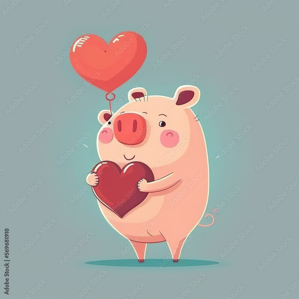 Fototapeta premium pig with heart color flat illustration
