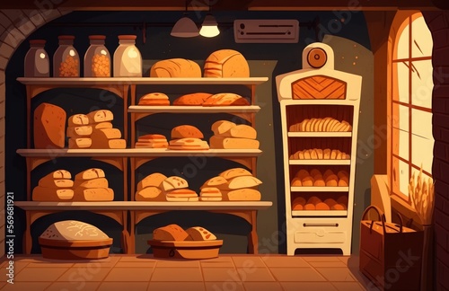 In a baker's shop in Germany, there are loaves of bread on wooden shelves. several kinds of bread. Delicious sourdough bread. eating right. Interior of a bakery. Generative AI