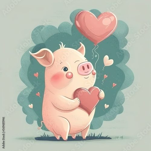 pig with heart color flat illustration