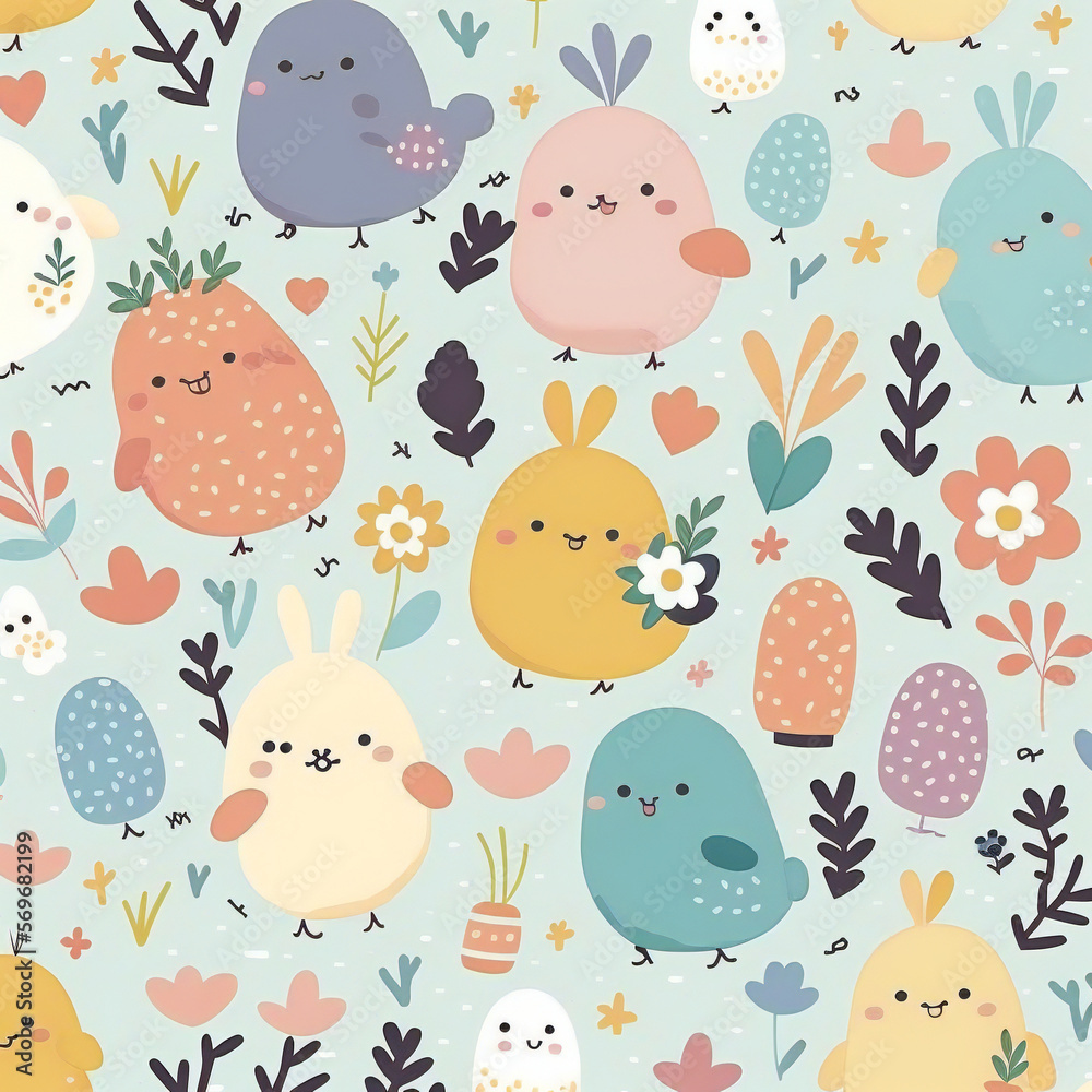 Cute spring easter background with bunnies, chicken, eggs, and flowers for children, light blue Cute spring easter background with bunnies, chicken, eggs, and flowers for children, light blue