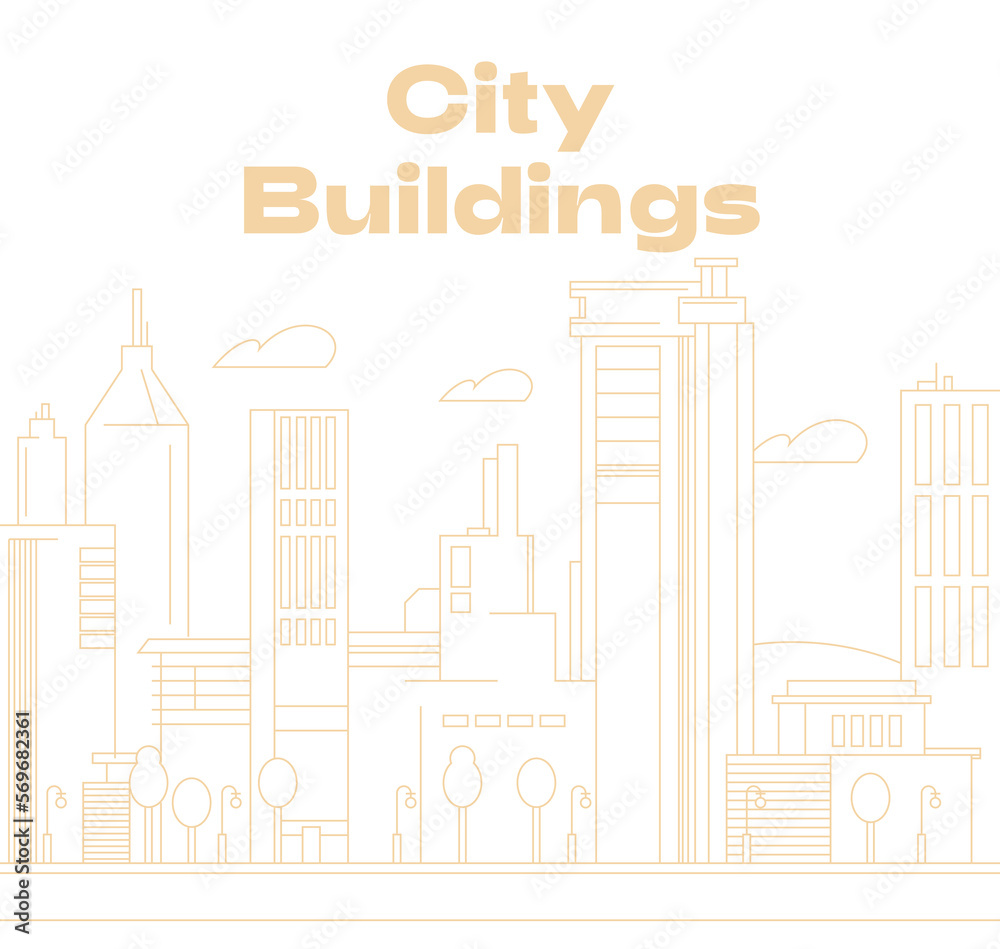 Modern city buildings template, editable strokes. Thin line random city template. Downtown landscape with high skyscrapers. Urban life minimal vector illustration. Design background elements.
