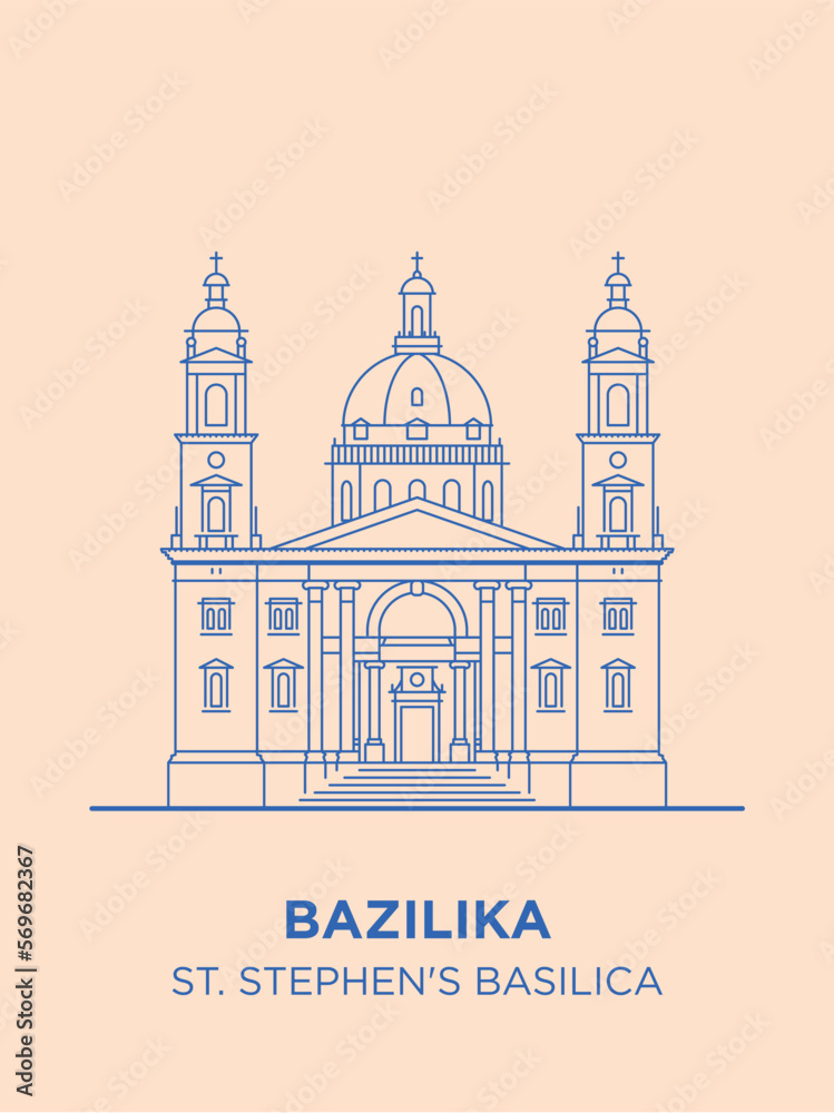 Obraz premium St Stephen's Basilica in Hungary capital icon. Vector art illustration design. Roman Catholic basilica in Budapest famous architectural landmark. Historical Stephen, king of Hungary largest church
