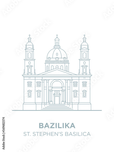 St Stephen's Basilica in Hungary capital icon. Vector art illustration design. Roman Catholic basilica in Budapest famous architectural landmark. Historical Stephen, king of Hungary largest church