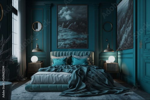 Dark cyan internal of a bedroom, 3d render, generative ai