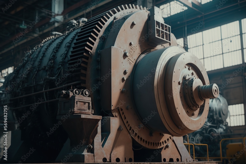 giant machine in factory with the focus on its intricate details and textures, concept of Detailed and Industrial, created with Generative AI technology