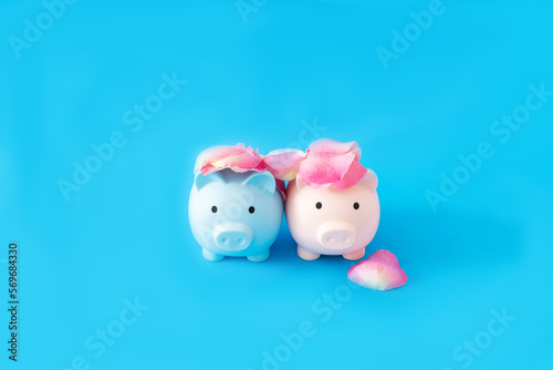 A blue and a pink piggy bank with rose petals on heads against blue background. Minimal surreal concept for Valentine or wedding card or banner. Design for editorial on love and money © Miss V