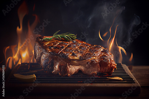 Nahaufnahme von einem Steak auf einem brennen Grill - Generative Ai 