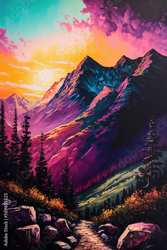painting landscape, mountains with a very beautiful sunset in the background. Green hills and mountain peaks, art illustration 