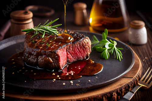 Appetitanregendes Medium gebratenes Steak angerichtet auf einem Teller - Generative Ai 
