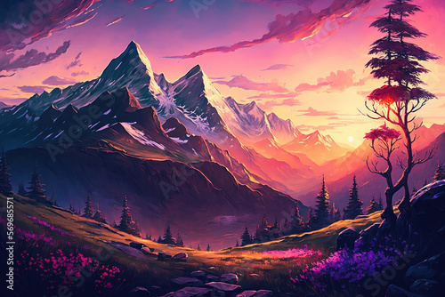 painting landscape, mountains with a very beautiful sunset in the background. Green hills and mountain peaks, art illustration 