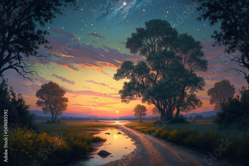 Painting of evening nature landscape and stars  art illustration 