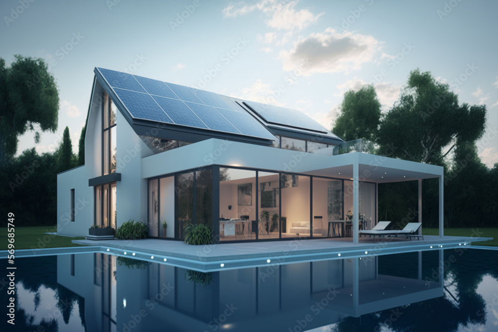 Solar panels on the roof of the modern house. Exterior design of luxury ... - Modern Penthouse Homes With Solar Panels