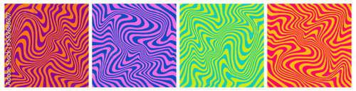 Trendy Abstract Patterns with Waves. Set of Wavy Seamless Trippy Patterns in Psychedelic Colors. Abstract Vector Swirl Backgrounds. 1970 Aesthetic Textures with Flowing Waves