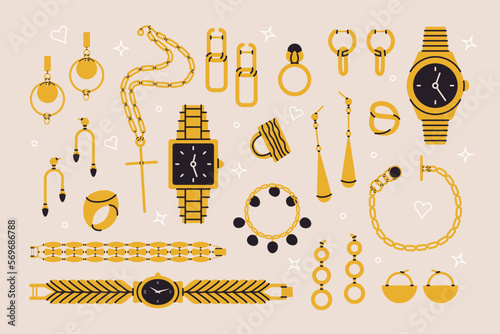 Golden jewelry set. Cartoon gold ring earrings wrist watch chain, flat elegant expensive accessories. Vector collection