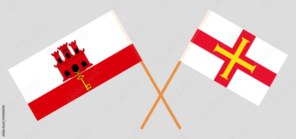 Crossed flags of Gibraltar and Bailiwick of Guernsey. Official colors. Correct proportion