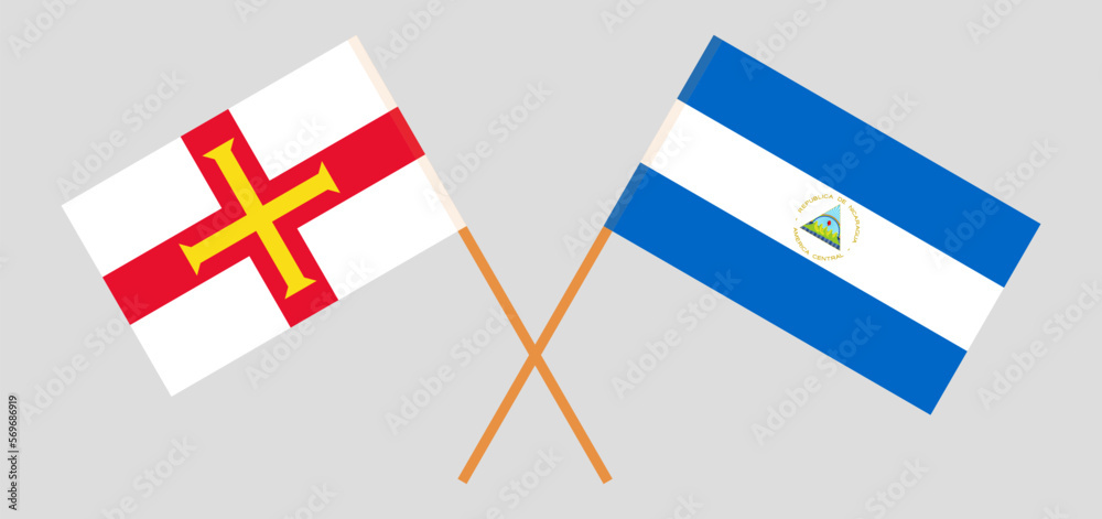Crossed flags of Bailiwick of Guernsey and Nicaragua. Official colors. Correct proportion.