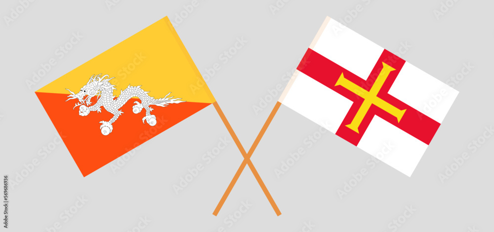 Crossed flags of Bhutan and Bailiwick of Guernsey. Official colors. Correct proportion