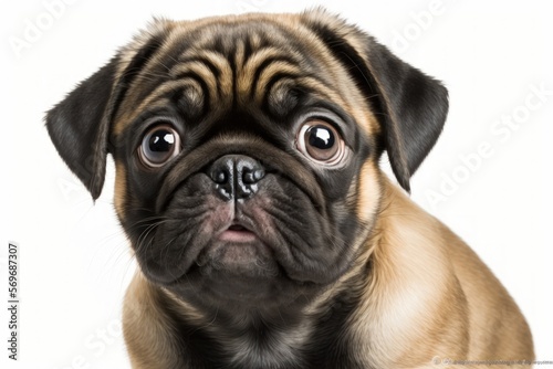 Pug puppy making a face, sticking out its tongue, and staring at the camera, isolated on white (5 months old). Generative AI