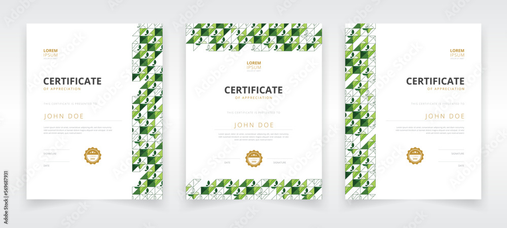 Vertically oriented modern and professional certificate template set with artwork based on eco friendly concept that can be used in educational sector or green industries