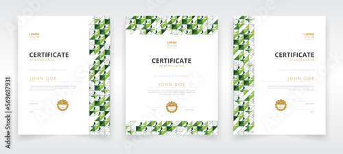Vertically oriented modern and professional certificate template set with artwork based on eco friendly concept that can be used in educational sector or green industries