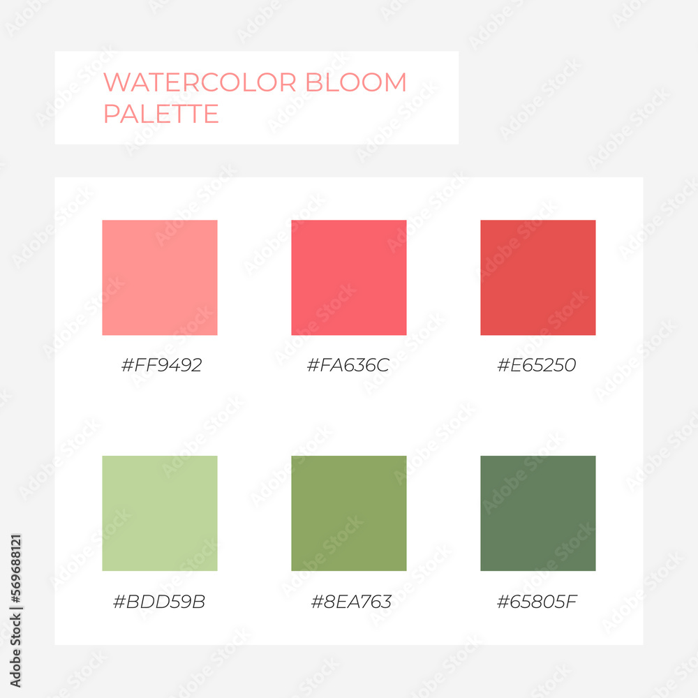 Watercolor bloom palette. Trendy colors palette. Cozy color pallete. Swatch summer candy shade tone with hex code pastel colors. Super trendy color spring and summer pink green	
