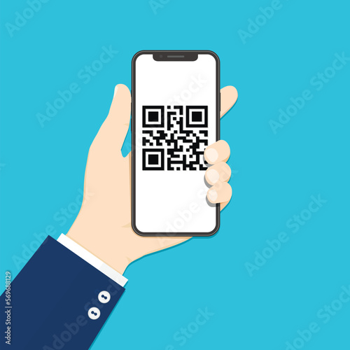 Hand with phone scanning qr code. Flat style illustration.