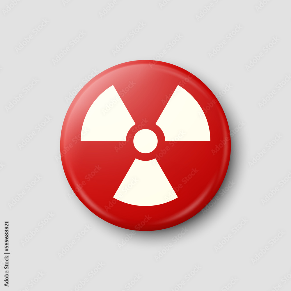 Vector 3d Realistic Round Red and White Warning, Danger Nuclear Symbol Isolated on White Background. Radioactive Warning Sign, Pin Badge, Button. Design Template. Front, Top View Vector 3d Realistic Round Red and White Warning, Danger Nuclear Symbol Isolated on White Background. Radioactive Warning Sign, Pin Badge, Button. Design Template. Front, Top View
