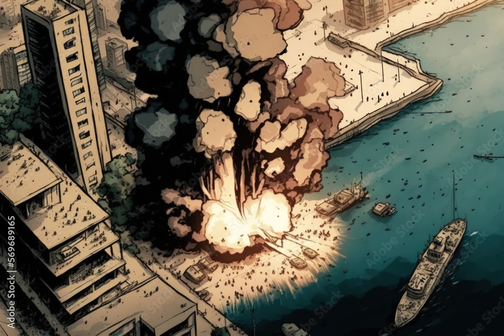 Obraz premium 2020 aerial images show the Lebanon Blast and the explosion in the port of Beirut. Generative AI